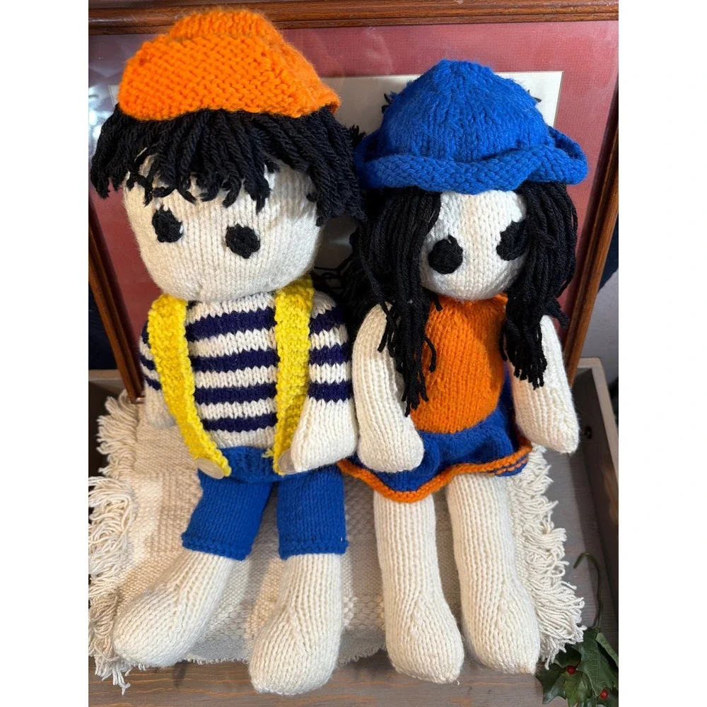 Vintage Handmade Knit Dolls Boy and Girl Set Striped Sweater Suspenders hats‎